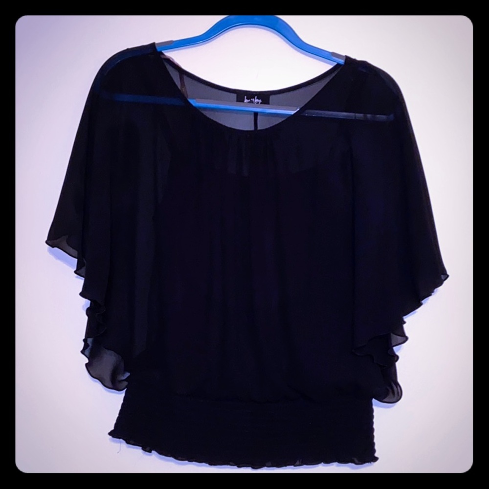 Black tank top with see thru batwing overlay